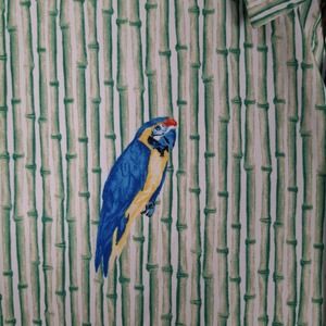 Caribbean Shirt Mens XL Green Blue Parrot Hawaiian Beach Casual Button Up Bamboo